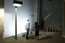 Holophane Judd. Recovered lamposts. Exposition Outside-In. La Chapelle du Genêteil, 2015. Photo : Marc Domage.